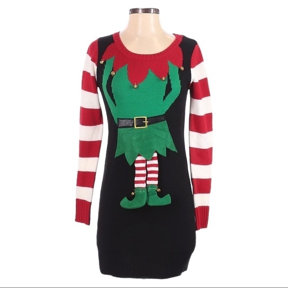 🌺 Hooked Up Elf Character Jingling Tunic Longline Festive Christmas Sweater S - Picture 1 of 12